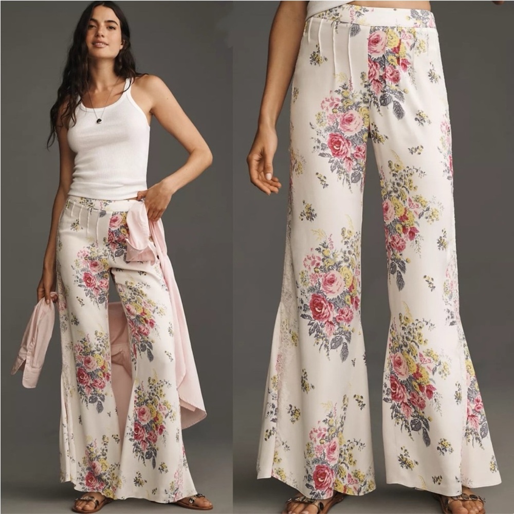 By Anthropologie Floral Lace Silky Flare Pants